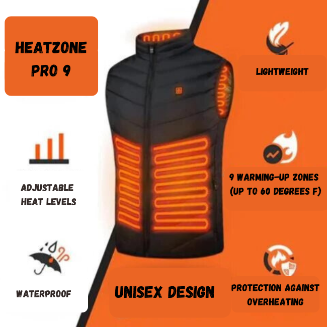 HeatZone Pro 9, Unisex Vest: Heated and Waterproof (9 area heating)