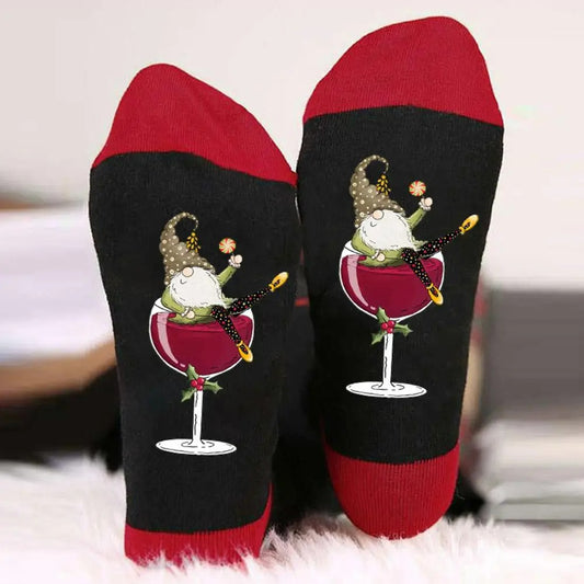 Medias navideñas con copas de vino y forma de gnomo (talla única)